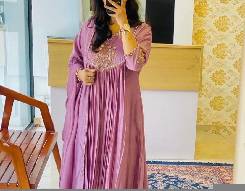 Hand Embroidered Anarkali Dress: Lavender Indian Suit with Dupatta, lavender anarkali dress,indian kurta with dupatta,handwork kurta set usa