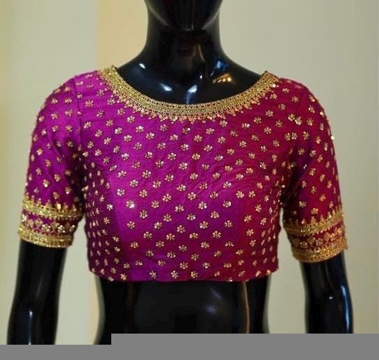 pure silk hand embroidery blouse/saree maggam blouse/hot pink zardosi blouse/hand embroidered blouse /magenta pink ready made blouse zardosi