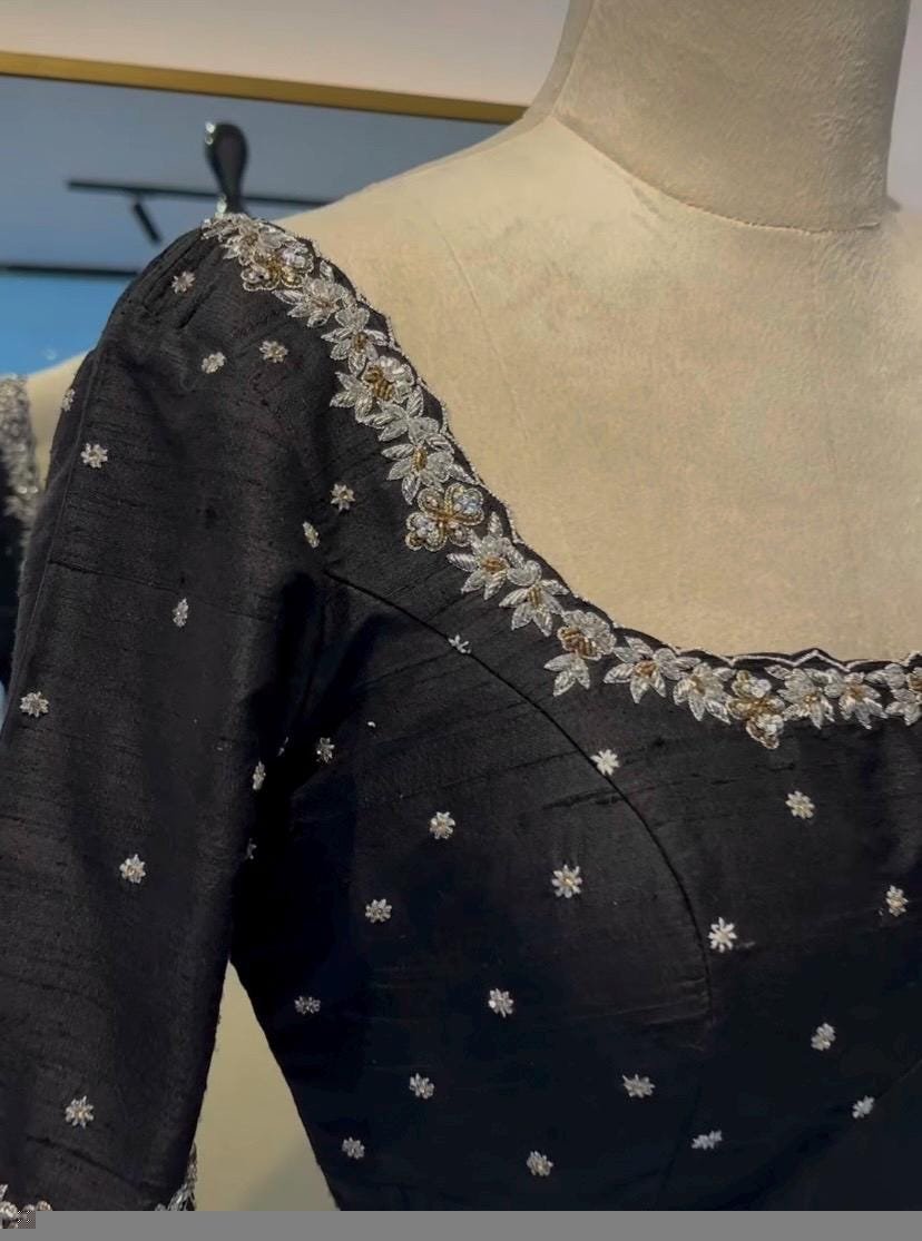 Black Handwork Saree Blouse: Hand Embroidered Zardosi Maggam Work, black hand embroidery blouse/black ready made blouse /size 42 blouse usa
