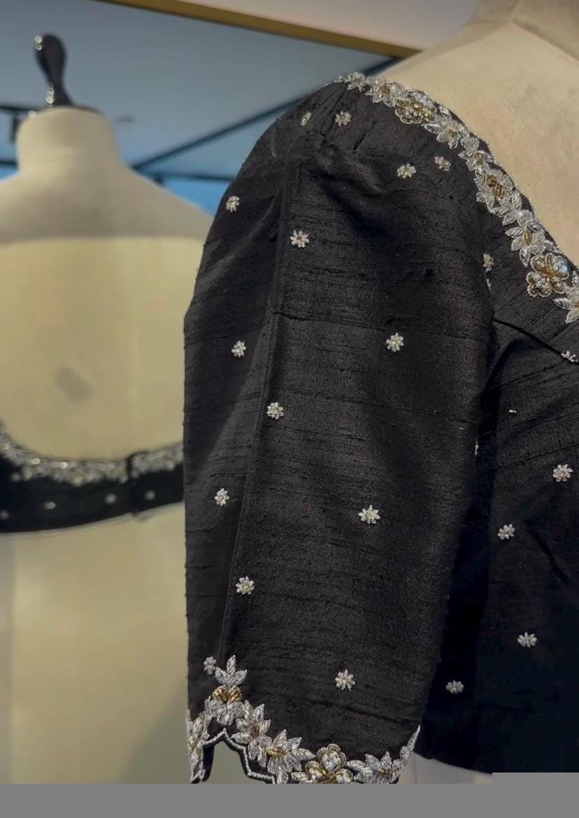 Black Handwork Saree Blouse: Hand Embroidered Zardosi Maggam Work, black hand embroidery blouse/black ready made blouse /size 42 blouse usa