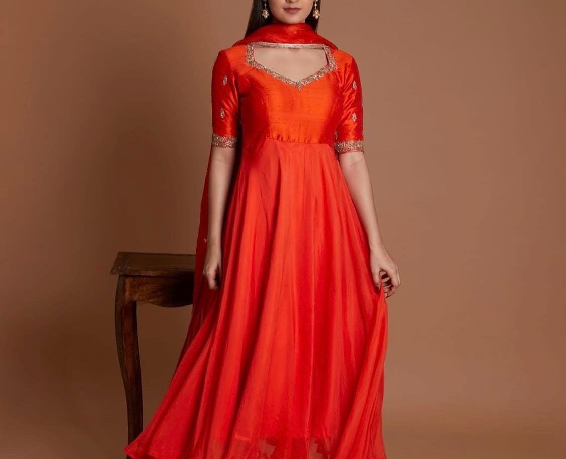 Orange Anarkali suit usa/anarkali red kurta full sleeve/ orange full sleeve anarkali/red dress anarkali/Indian dresses/orange red anarkali