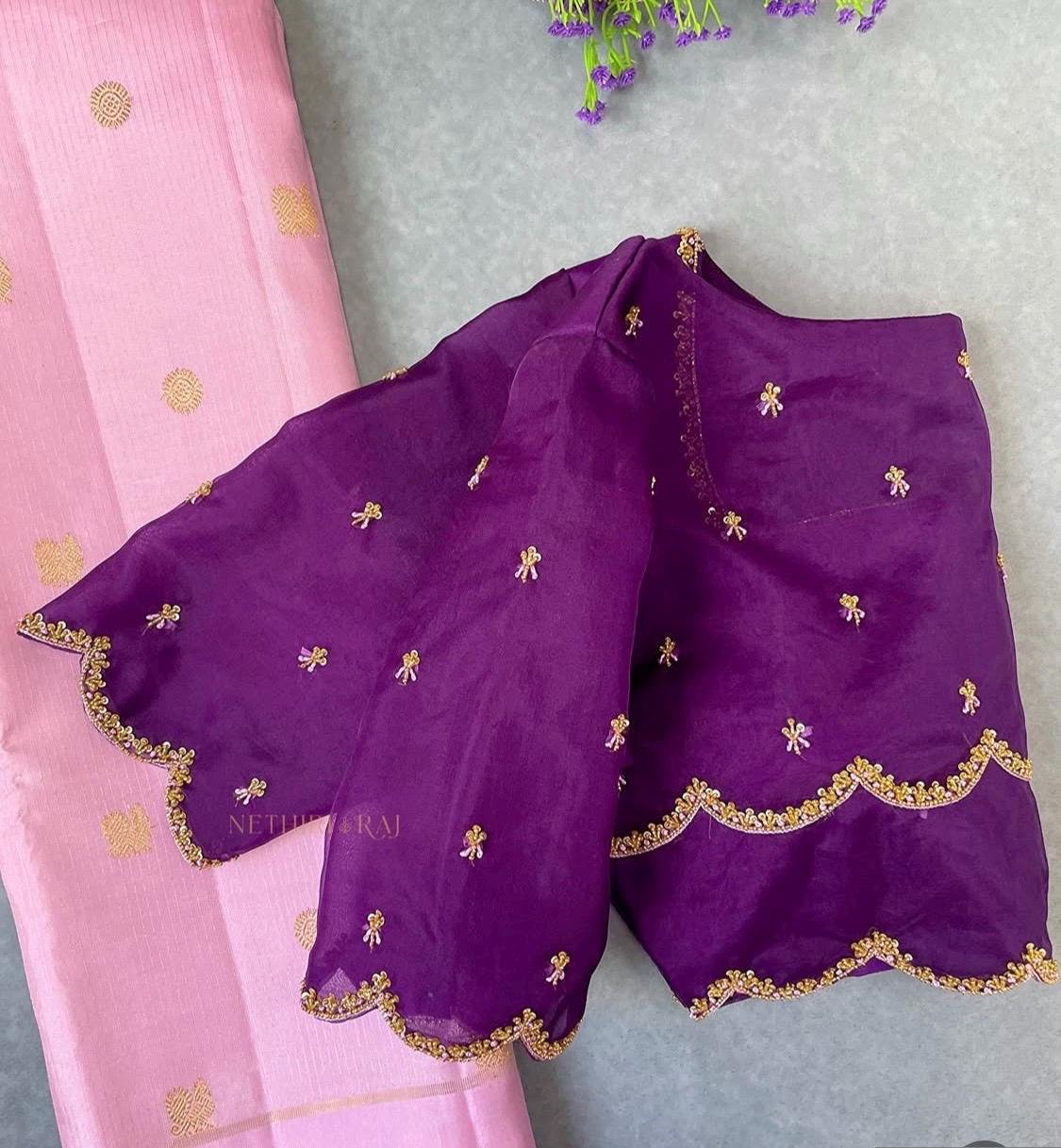 pure silk hand embroidery blouse/ saree maggam blouse/purple zardosi blouse usa/hand embroidered moderblouse/ ready made blouse zardosi usa