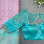 Hand Embroidered sea Blue Silk Blouse:Zardosi Maggam Work,sea green blouse,mix and match blouse,plus size blouses,sea blue hand work blouse