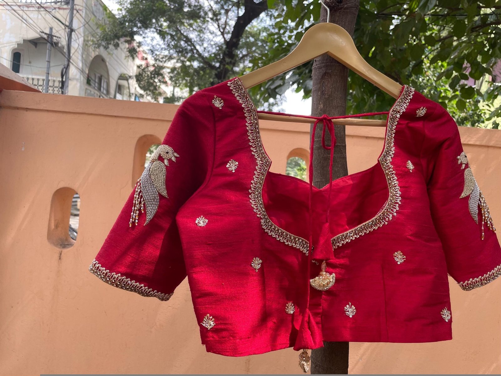 Red Silk Saree Blouse: Hand Embroidered Zardosi Maggam Work, red mix and match blouse,handwork blouses,bird work blouse,plus size blouses us