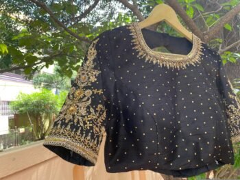 Hand Embroidered Zardosi Silk Blouse: Black Maggam Work, black mix and match blouse,42 size blouse,plus size blouse,black Maggam blouse