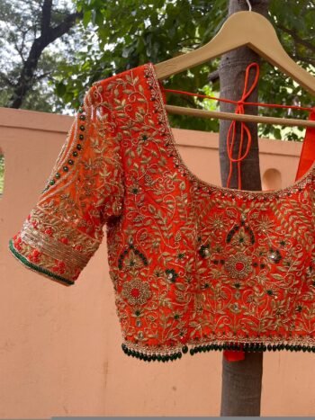 Orange Raw Silk Saree Blouse: Hand Embroidered Zardosi Maggam,orange saree blouse,mix and match blouse, orange Maggam blouse,Lehenga blouse
