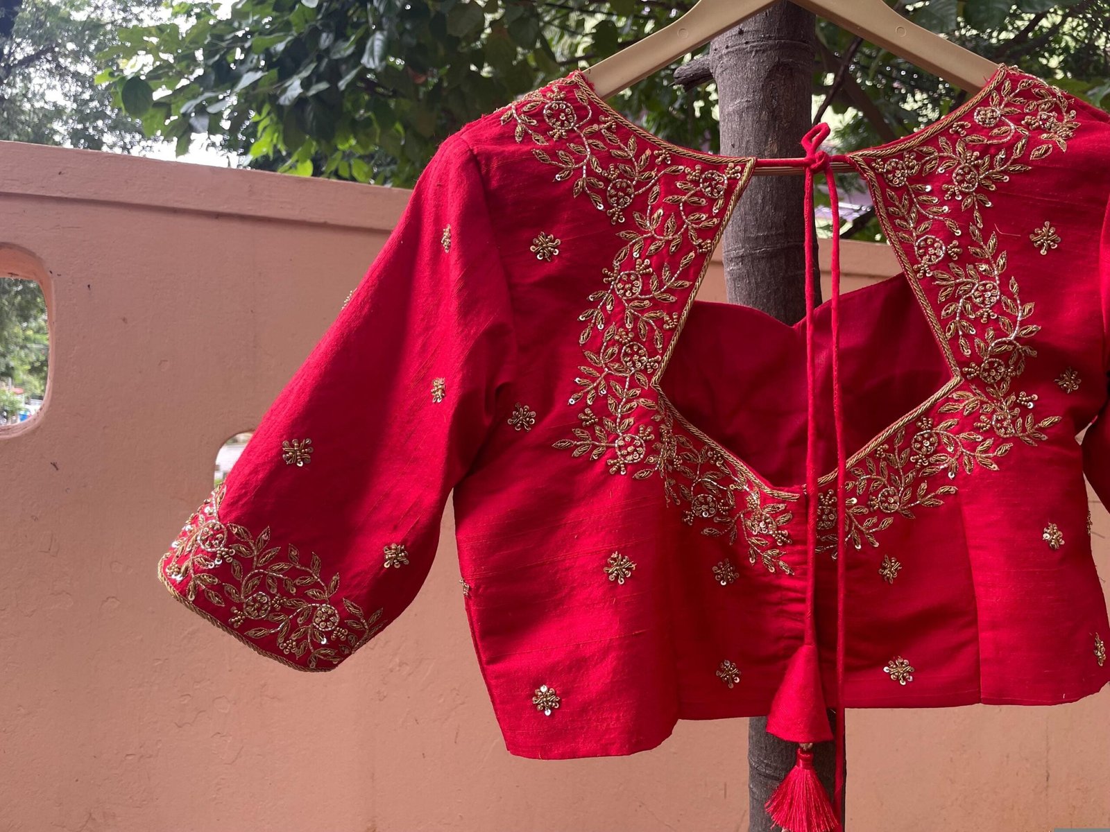 Hand Embroidered Red Silk Blouse: Zardosi Maggam Work, Elbow Sleeves,red saree blouse,red Maggam blouse,mix and match blouse,plus size blous