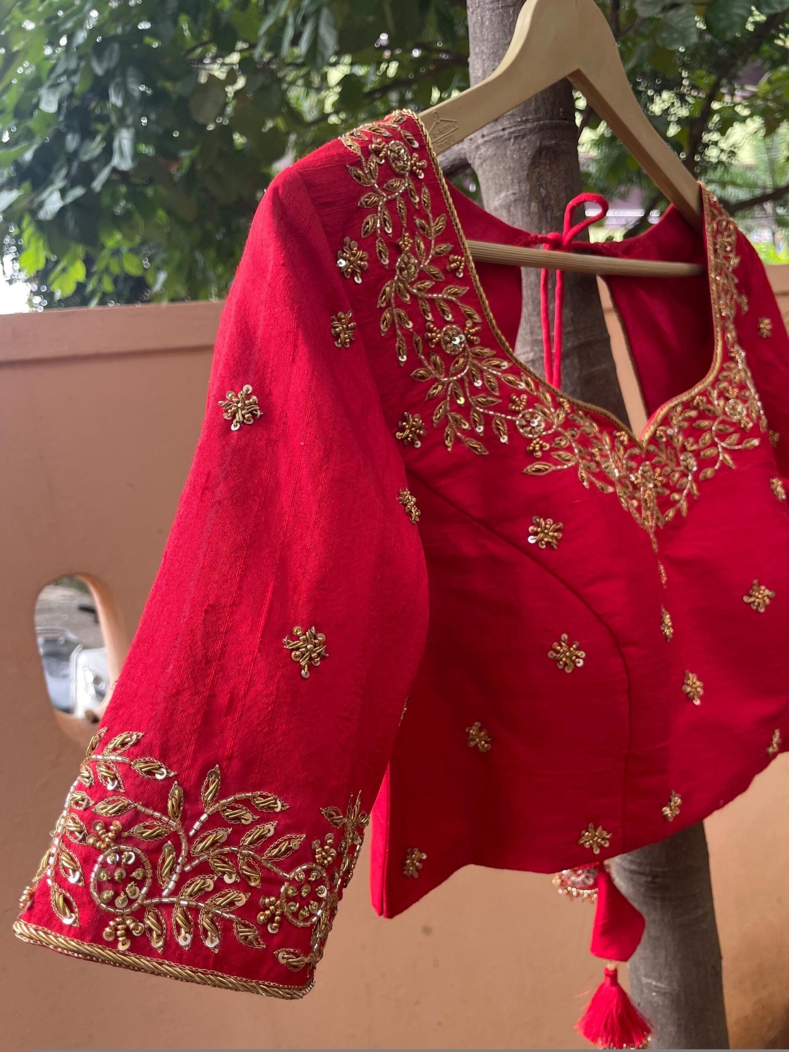 Hand Embroidered Red Silk Blouse: Zardosi Maggam Work, Elbow Sleeves,red saree blouse,red Maggam blouse,mix and match blouse,plus size blous
