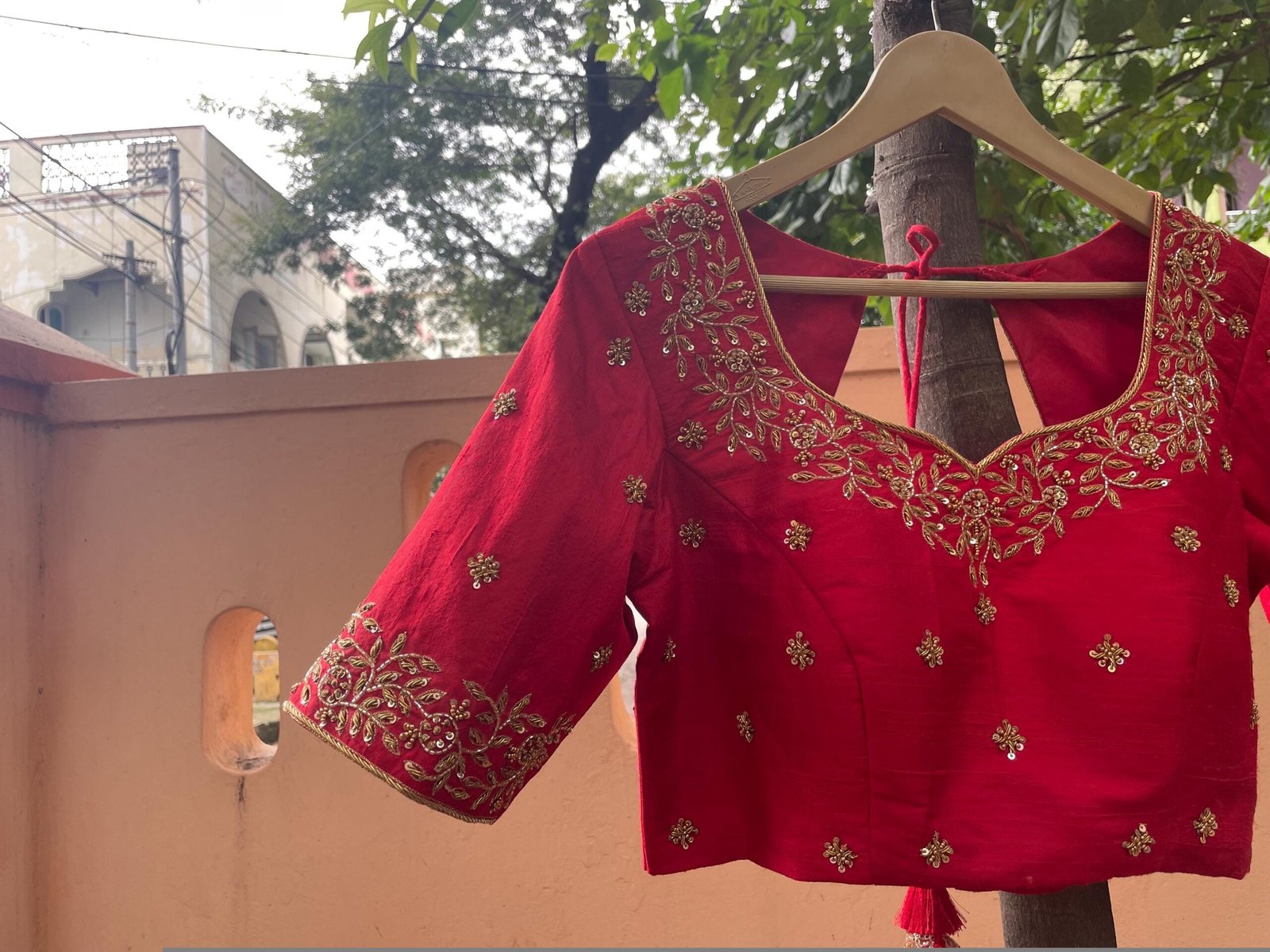 Hand Embroidered Red Silk Blouse: Zardosi Maggam Work, Elbow Sleeves,red saree blouse,red Maggam blouse,mix and match blouse,plus size blous