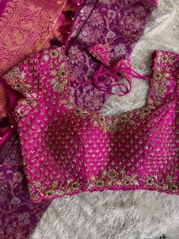 pure silk hand embroidery blouse/pink heavy maggam blouse/hot pink zardosi blouse/wedding hand embroidered blouse/bridal ready made blouse