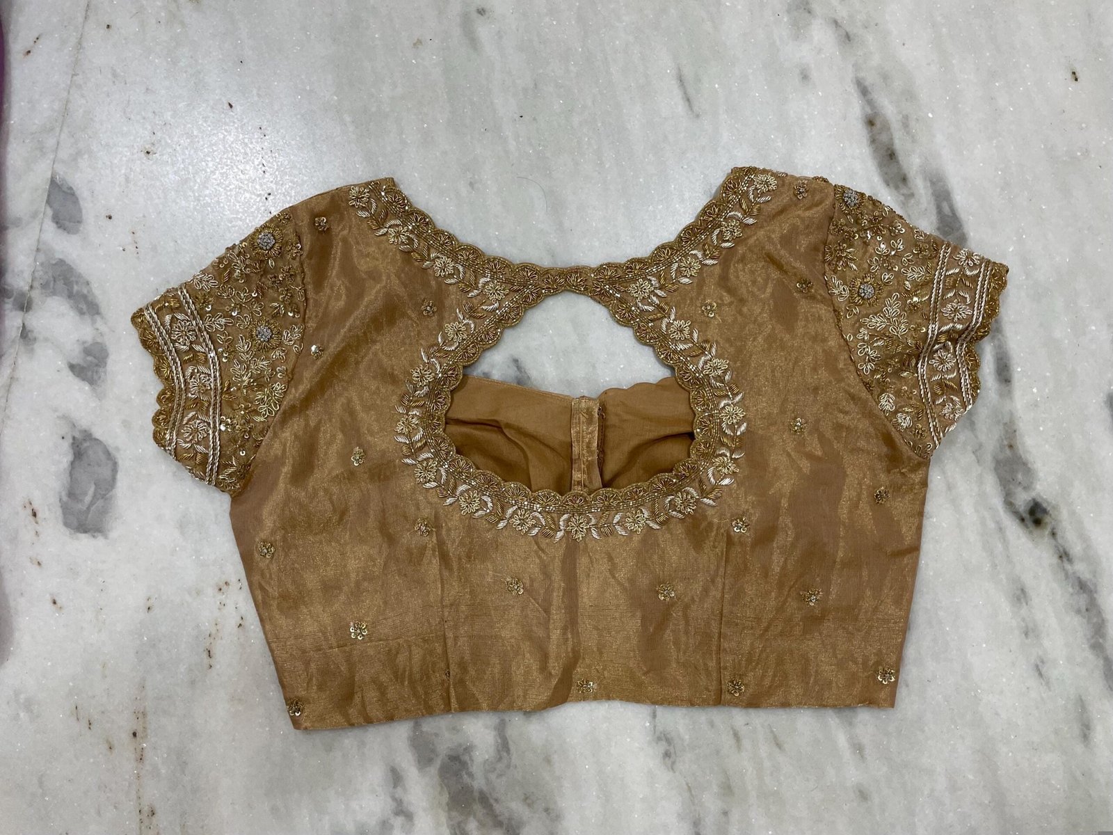 Hand Embroidered Zardosi Silk Blouse: Light Gold Maggam Work,tissue gold blouse,mix and match blouses,42 size blouses,plus size blouses USA