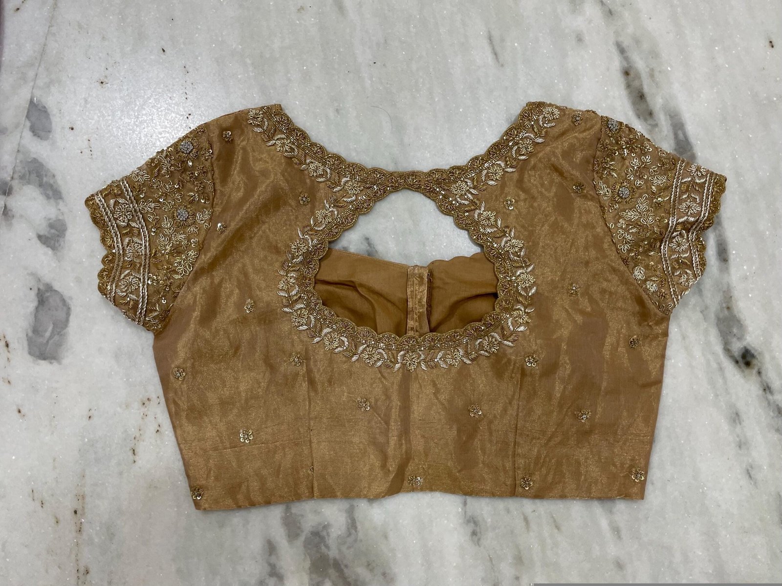 Hand Embroidered Zardosi Silk Blouse: Light Gold Maggam Work,tissue gold blouse,mix and match blouses,42 size blouses,plus size blouses USA