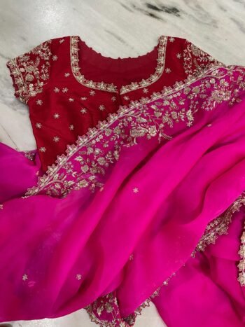 Pink Organza Silk Saree:Hand Embroidered Blouse, Indian Wedding Bridal Saree,luxury wedding saree,pure silk saree,cocktail saree,red sari us
