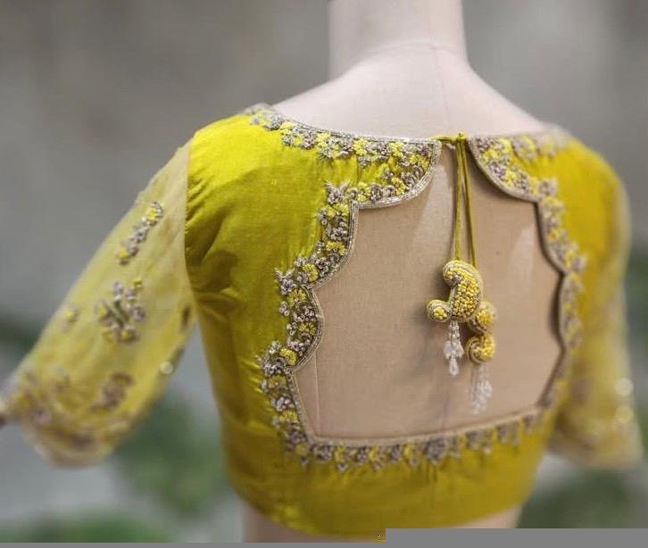 Hand Embroidered Zardosi Silk Blouse: Mehendi Green, Deep Neck blouse,plus size blouse,mix and match blouse,yellow green blouse,saree blouse