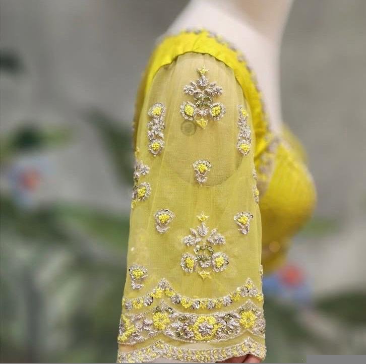 Hand Embroidered Zardosi Silk Blouse: Mehendi Green, Deep Neck blouse,plus size blouse,mix and match blouse,yellow green blouse,saree blouse