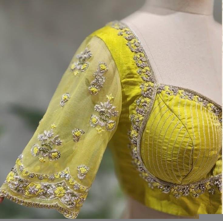Hand Embroidered Zardosi Silk Blouse: Mehendi Green, Deep Neck blouse,plus size blouse,mix and match blouse,yellow green blouse,saree blouse
