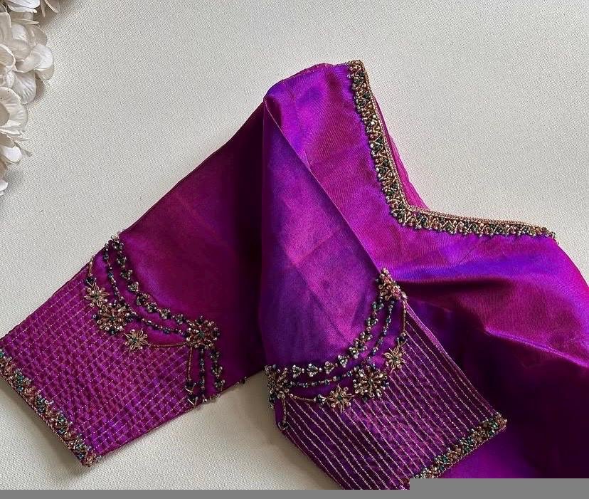 Hand Embroidered Zardosi Silk Blouse: Magenta Pink Bridal Sari Top,magenta pink saree,purple pink saree,mix and match blouse,plus size blous