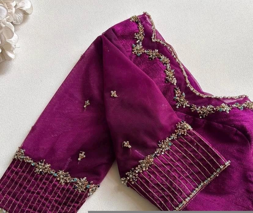 Hand Embroidered Magenta Silk Blouse: Zardosi Wedding Sari Top,purple pink blouse,mix and match blouse,maggam work blouse,plus size blouse