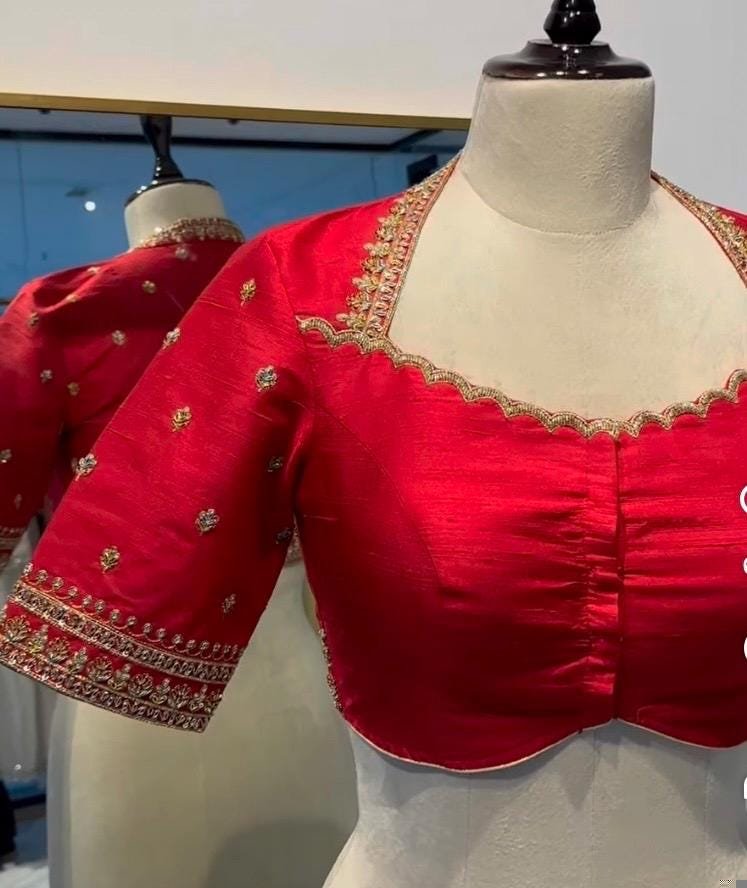 Hand Embroidered Silk Zardosi Blouse:Red Maggam Work, red hand work blouse ,red saree blouse,zardosi blouses,red mix and match blouse usa