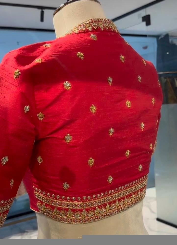 Hand Embroidered Silk Zardosi Blouse:Red Maggam Work, red hand work blouse ,red saree blouse,zardosi blouses,red mix and match blouse usa