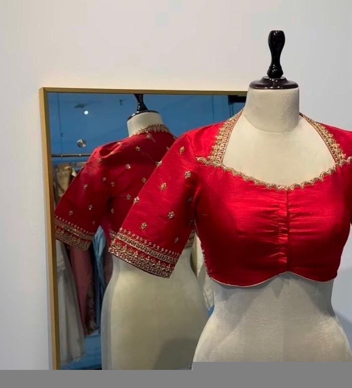 Hand Embroidered Silk Zardosi Blouse:Red Maggam Work, red hand work blouse ,red saree blouse,zardosi blouses,red mix and match blouse usa