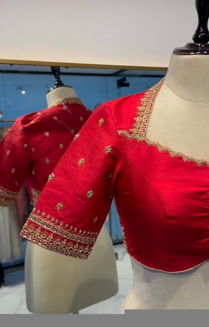 Hand Embroidered Silk Zardosi Blouse:Red Maggam Work, red hand work blouse ,red saree blouse,zardosi blouses,red mix and match blouse usa