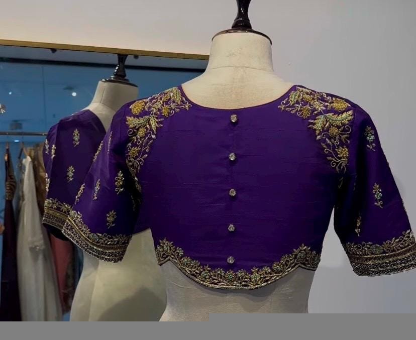 Hand Embroidered Purple Silk Blouse: Zardosi Maggam Work,purple saree blouse,handwork blouses, mix and match blouses,plus size blouses usa