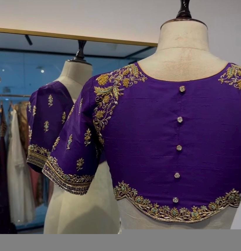 Hand Embroidered Purple Silk Blouse: Zardosi Maggam Work,purple saree blouse,handwork blouses, mix and match blouses,plus size blouses usa