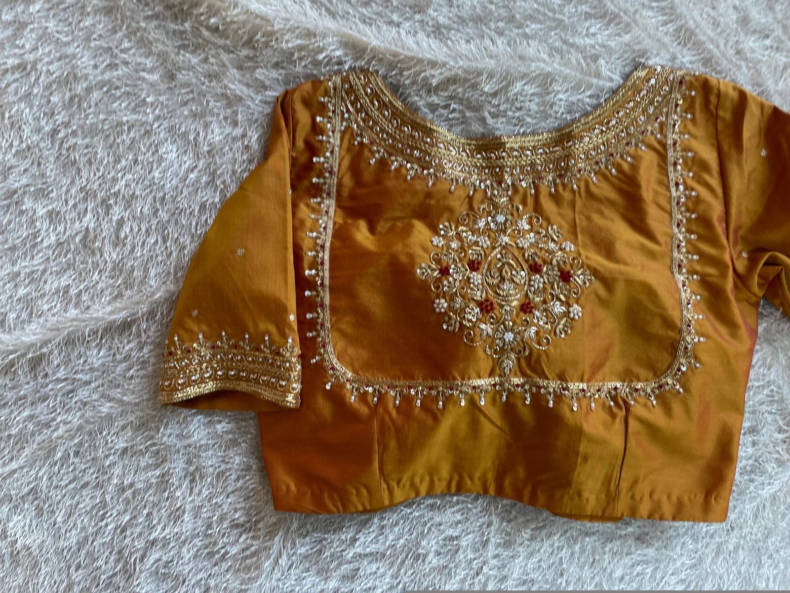 Pure Silk Saree Blouse: Golden Zardosi Hand Embroidery, Elbow Sleeve blouse,mix and match blouse,plus size blouses,mustard yellow blouse usa