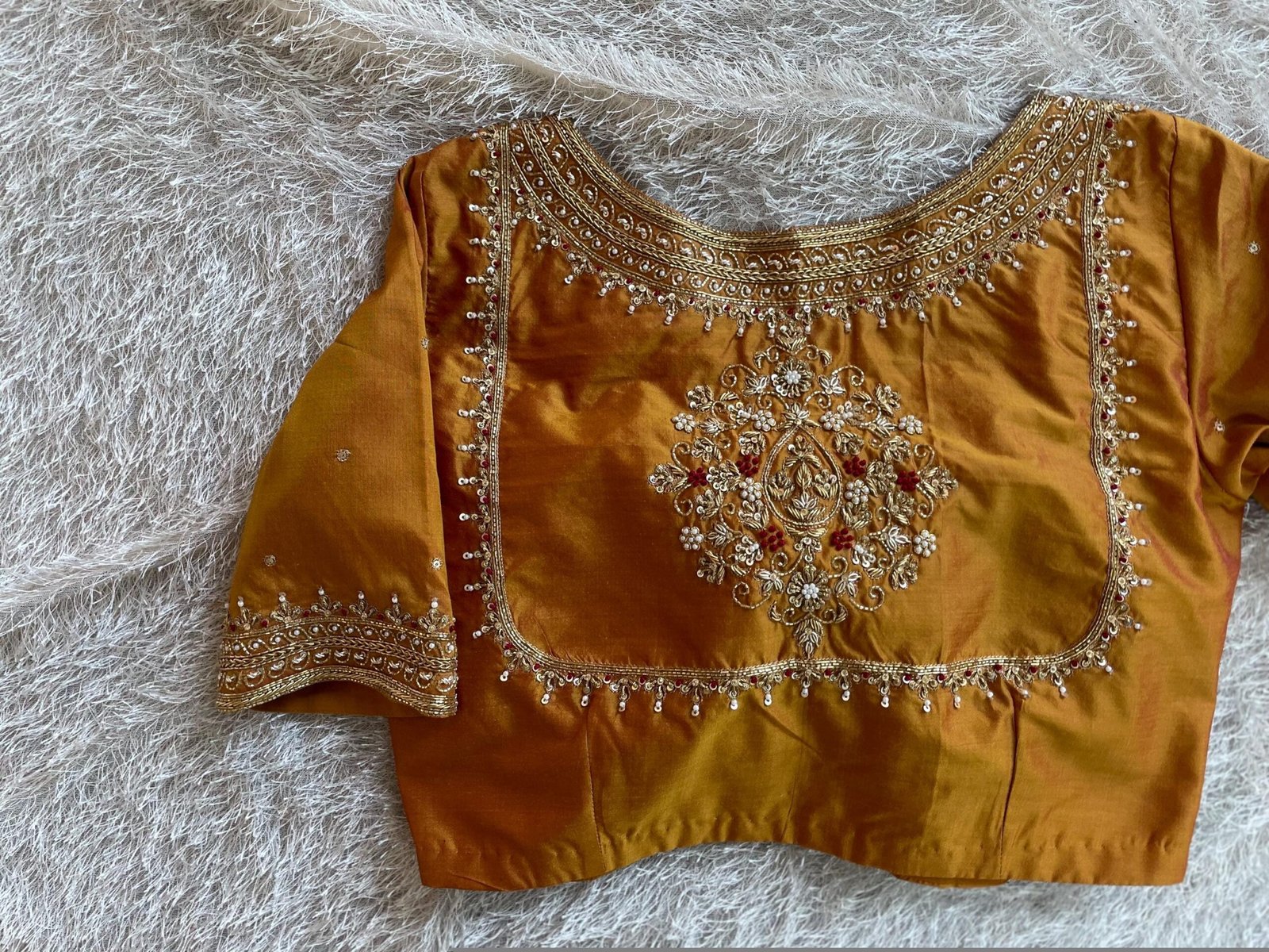 Pure Silk Saree Blouse: Golden Zardosi Hand Embroidery, Elbow Sleeve blouse,mix and match blouse,plus size blouses,mustard yellow blouse usa