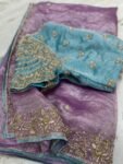 Tissue Silk Saree:Hand Embroidered Blouse, Indian Wedding Bridal Saree,luxury wedding saree,pure silk lavender saree,cocktail saree blue blo