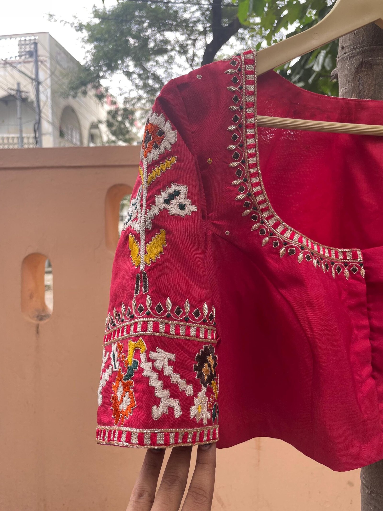 pure silk hand embroidery blouse/ikkat saree maggam blouse/raw silk zardosi blouse/multi colohand embroidered blouse/red Patola saree blouse