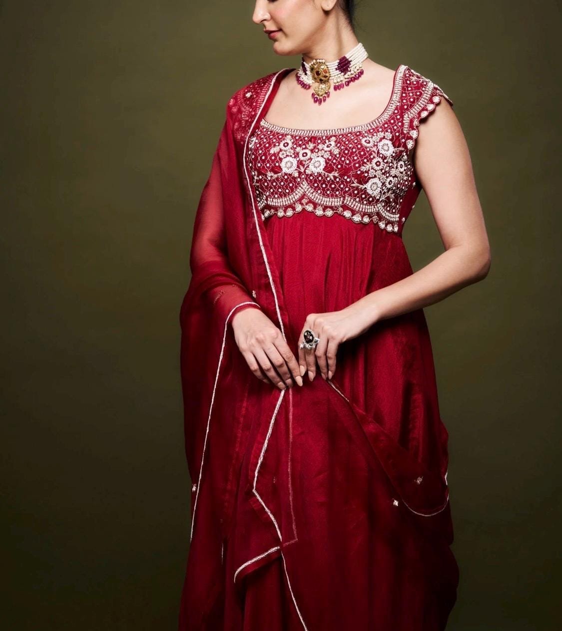 Anarkali suit usa/anarkali red kurta short sleeve/dark red Indian anarkali/ruby red anarkali/heavy hand embroidered anarkali with dupatta