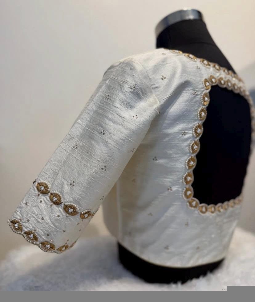 pure silk hand embroidery blouse/modern maggam blouse/cream zardosi blouse/hand embroidered blouse/off white mix and match ready made blouse