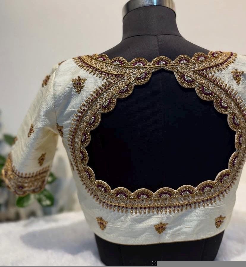 pure silk hand embroidery blouse/modern maggam blouse/cream zardosi blouse/hand embroidered blouse/off white mix and match ready made blouse