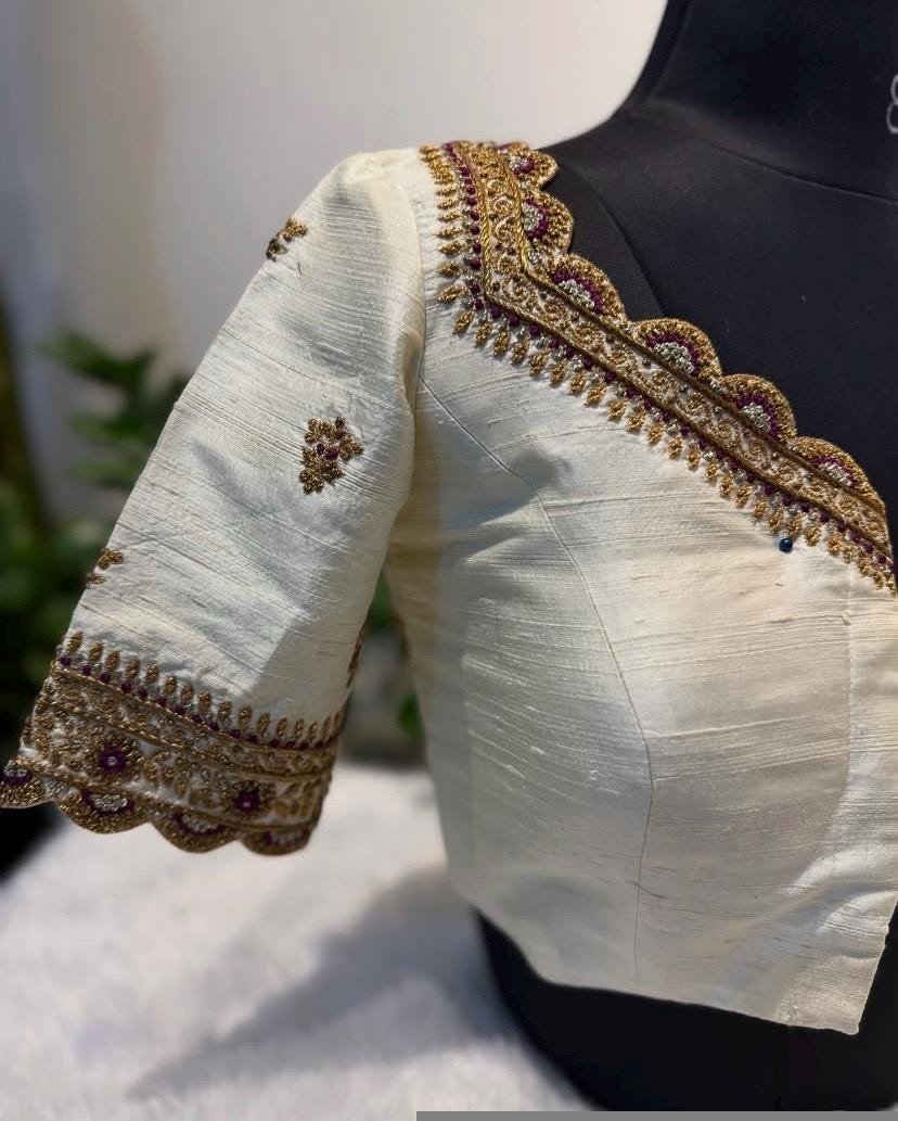 pure silk hand embroidery blouse/modern maggam blouse/cream zardosi blouse/hand embroidered blouse/off white mix and match ready made blouse