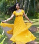 Hand embroidered Anarkali with scallop dupatta/yellow anarkali suit/georgette anarkali dupatta USA/ Indian dresses/anarkali dupatta set usa