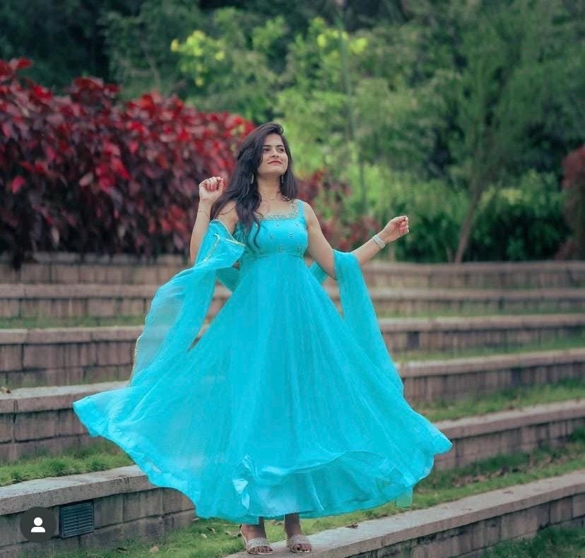 Anarkali suit usa/hand embroidery anarkali kurta/blue anarkali dress/blue sleeveless dress anarkali/Indian dresses/turquoise blue anarkali