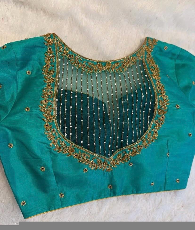 pure silk hand embroidery blouse/saree maggam blouse/ zardosi blouse/turquoise green embroidered blouse/sea green ready made blouse zardosi
