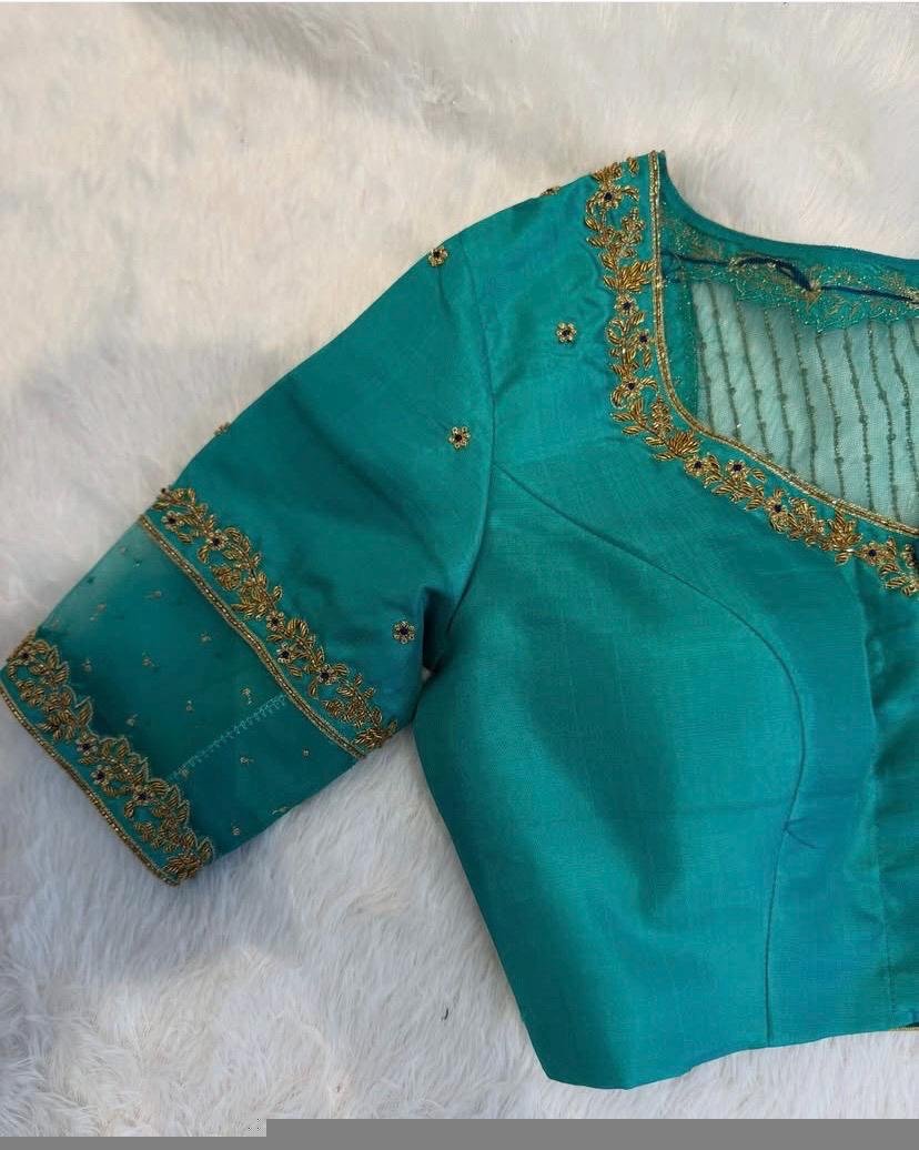 pure silk hand embroidery blouse/saree maggam blouse/ zardosi blouse/turquoise green embroidered blouse/sea green ready made blouse zardosi