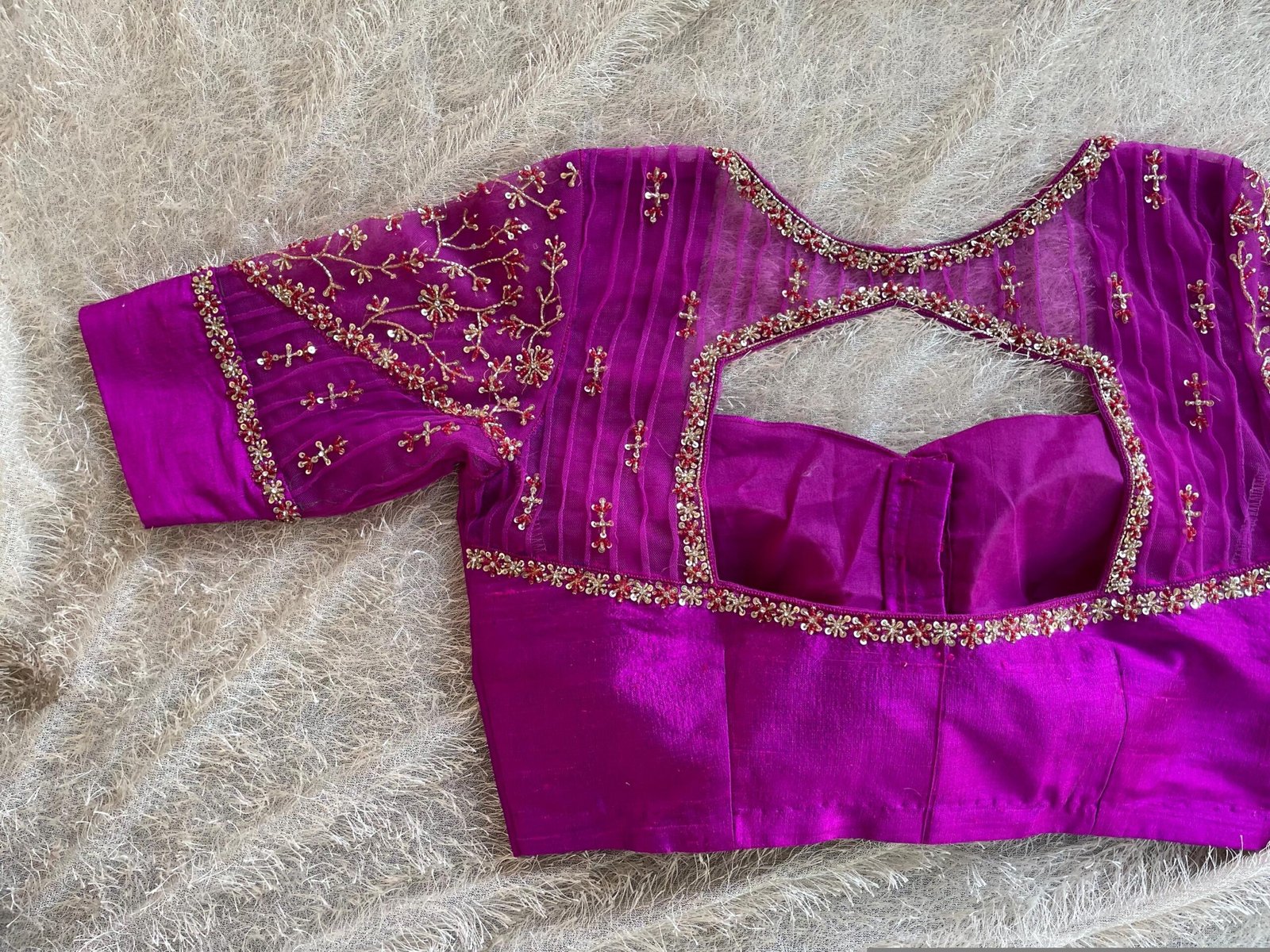 Hand Embroidered Zardosi Silk Blouse: Magenta Pink Bridal Sari Top,mix and match saree blouse,pink Maggam work blouse,plus size blouses USA