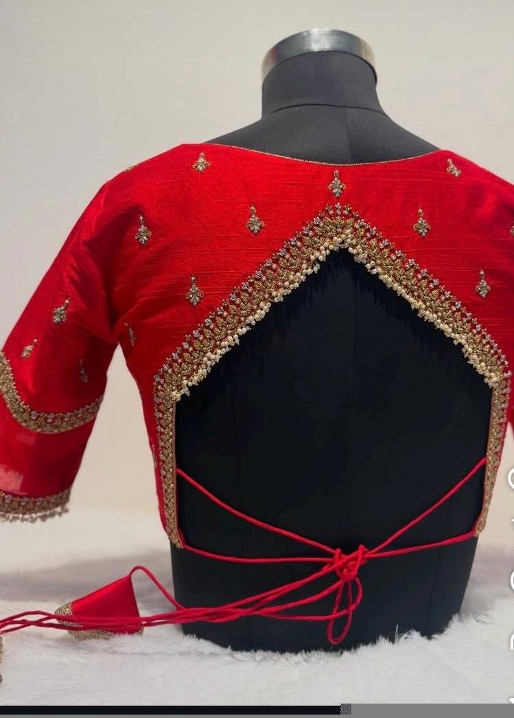 Hand Embroidered Red Silk Blouse: Zardosi Maggam Work, Elbow Sleeves,red saree blouse,red Maggam blouse,mix and match blouse,plus size blous
