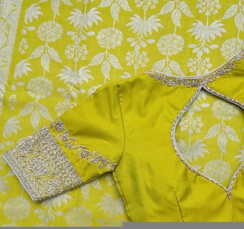 Hand Embroidered Zardosi Silk Blouse: Mehendi Green, Deep Neck blouse,plus size blouse,mix and match blouse,yellow green blouse,saree blouse