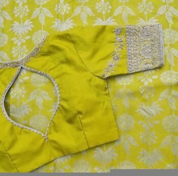 Hand Embroidered Zardosi Silk Blouse: Mehendi Green, Deep Neck blouse,plus size blouse,mix and match blouse,yellow green blouse,saree blouse