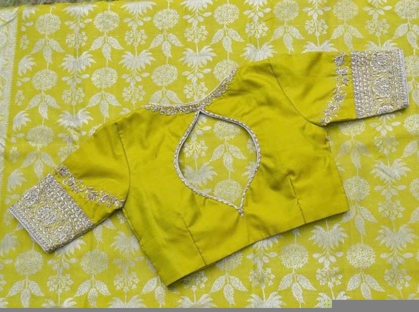 Hand Embroidered Zardosi Silk Blouse: Mehendi Green, Deep Neck blouse,plus size blouse,mix and match blouse,yellow green blouse,saree blouse