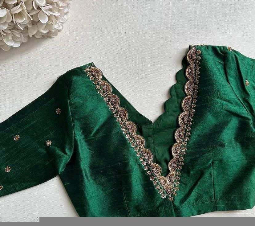 Hand Embroidered Green Silk Saree Blouse: Zardosi Maggam Work, dark green maggam blouse, green mix and match blouse,scallop work blouse usa