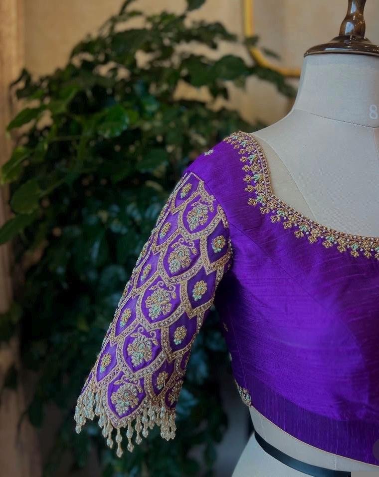 pure silk hand embroidery blouse/modern saree maggam blouse/purple zardosi blouse/wedding hand embroidered blouse/bridal ready made blouse