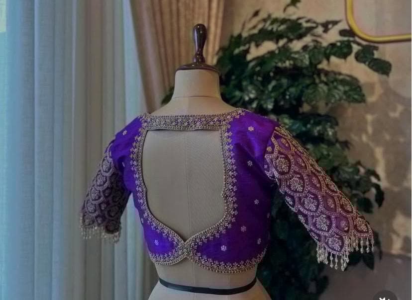 pure silk hand embroidery blouse/modern saree maggam blouse/purple zardosi blouse/wedding hand embroidered blouse/bridal ready made blouse