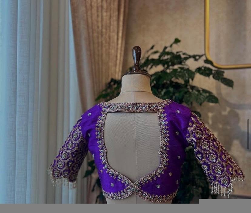 pure silk hand embroidery blouse/modern saree maggam blouse/purple zardosi blouse/wedding hand embroidered blouse/bridal ready made blouse