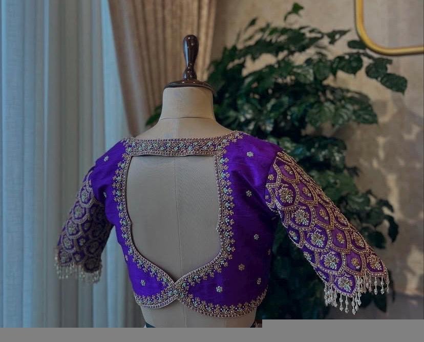 pure silk hand embroidery blouse/modern saree maggam blouse/purple zardosi blouse/wedding hand embroidered blouse/bridal ready made blouse